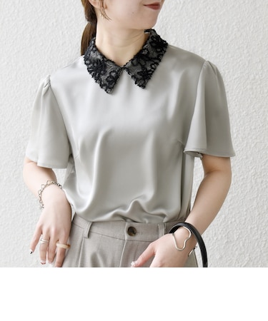 《予約》SHIPS any:〈洗濯機可能〉サテン レースカラー ブラウス 26SS