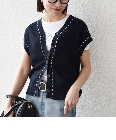 《予約》SHIPS any:〈手洗い可能〉リネン レーヨン ステッチ 編み Vネック ベスト
