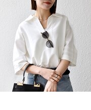 《予約》SHIPS any:〈洗濯機可能〉インレイ 襟付き スキッパー ハーフスリーブ プルオーバー