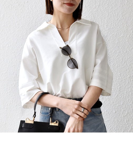 《予約》SHIPS any:〈洗濯機可能〉インレイ 襟付き スキッパー ハーフスリーブ プルオーバー