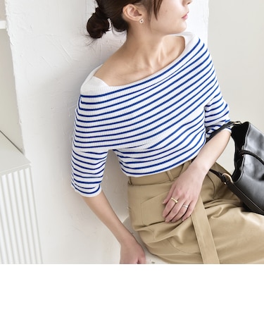 《予約》quaranciel:〈洗濯機可能〉オフショルダー ハーフスリーブ リブ ニット