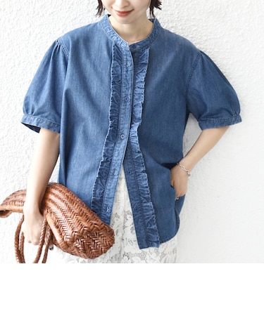 《予約》【WEB限定】〈手洗い可能〉ライト オンス フリル デニム 半袖 シャツ