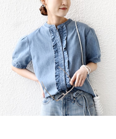《予約》【WEB限定】〈手洗い可能〉ライト オンス フリル デニム 半袖 シャツ