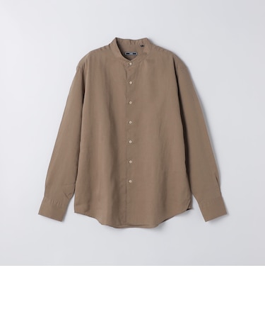 SHIPS: ウォッシュド リネン バンドカラー ソリッド シャツ