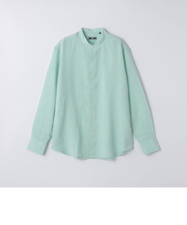 SHIPS: ウォッシュド リネン バンドカラー ソリッド シャツ