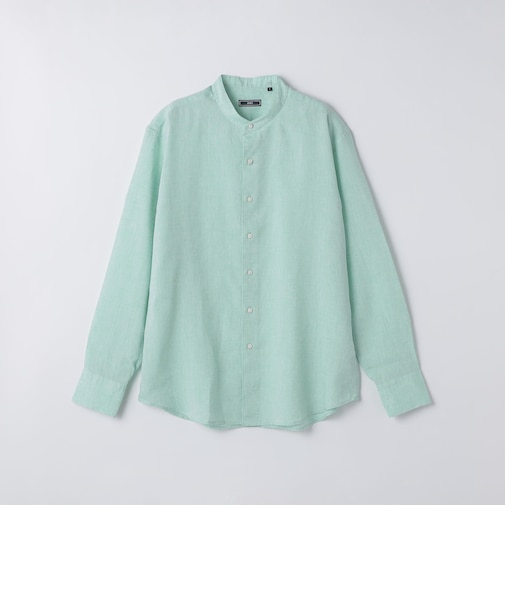 SHIPS: ウォッシュド リネン バンドカラー ソリッド シャツ