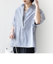 《予約》〈手洗い可能〉無地/ストライプ スキッパー サイド スリット 半袖 シャツ