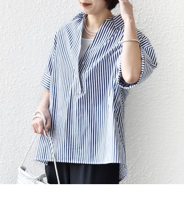 《予約》〈手洗い可能〉無地/ストライプ スキッパー サイド スリット 半袖 シャツ
