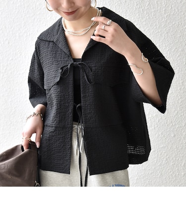 《予約》SHIPS any:〈手洗い可能〉サッカー リボン 開襟シャツ 羽織り