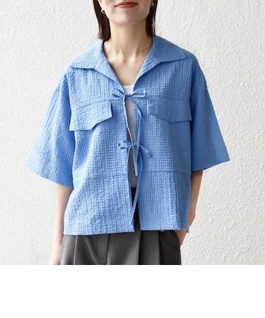 《予約》SHIPS any:〈手洗い可能〉サッカー リボン 開襟シャツ 羽織り