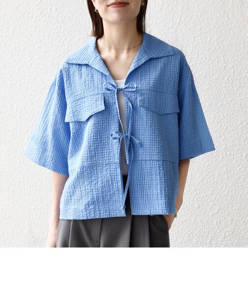 《予約》SHIPS any:〈手洗い可能〉サッカー リボン 開襟シャツ 羽織り