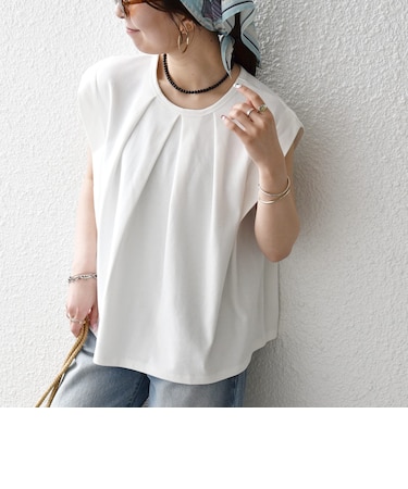 《予約》SHIPS any:〈接触冷感/汗染み防止加工/洗濯機可能〉タック フレア ノースリーブ TEE