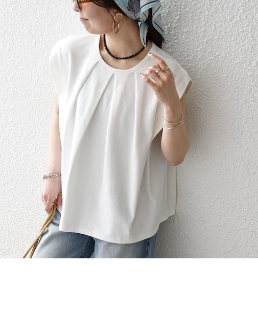 《予約》SHIPS any:〈接触冷感/汗染み防止加工/洗濯機可能〉タック フレア ノースリーブ TEE