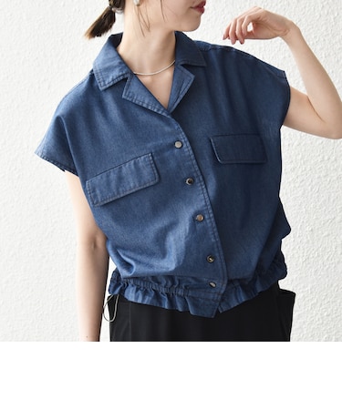 《予約》SHIPS any:〈洗濯機可能〉シャンブレー デニム フレンチスリーブ ドロスト ブラウス