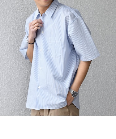 SHIPS any: JAPAN MADE ブルー ストライプ/ソリッド レギュラーカラー 半袖 シャツ◆