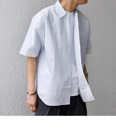 SHIPS any: JAPAN MADE ブルー ストライプ/ソリッド レギュラーカラー 半袖 シャツ◆