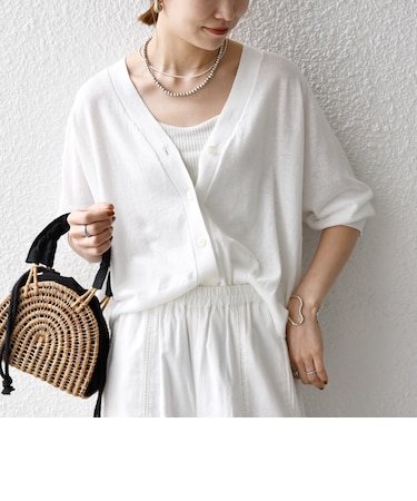 《予約》SHIPS any:〈手洗い可能〉リネン ミックス Vネック ショート シアー カーディガン 2