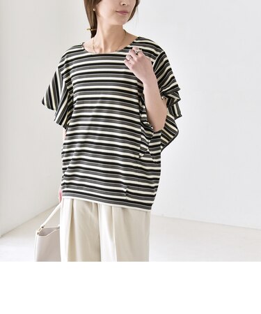 《予約》quaranciel:〈洗濯機可能〉マルチボーダー ラッフル コクーン プルオーバー