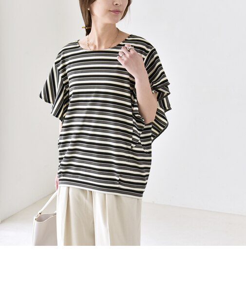 《予約》quaranciel:〈洗濯機可能〉マルチボーダー ラッフル コクーン プルオーバー