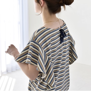 《予約》quaranciel:〈洗濯機可能〉マルチボーダー ラッフル コクーン プルオーバー