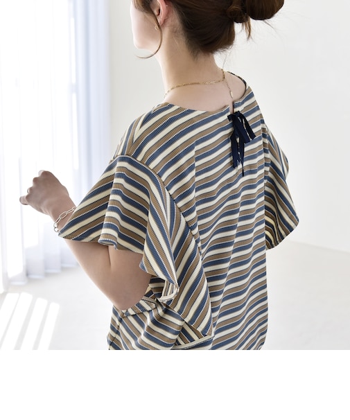 《予約》quaranciel:〈洗濯機可能〉マルチボーダー ラッフル コクーン プルオーバー