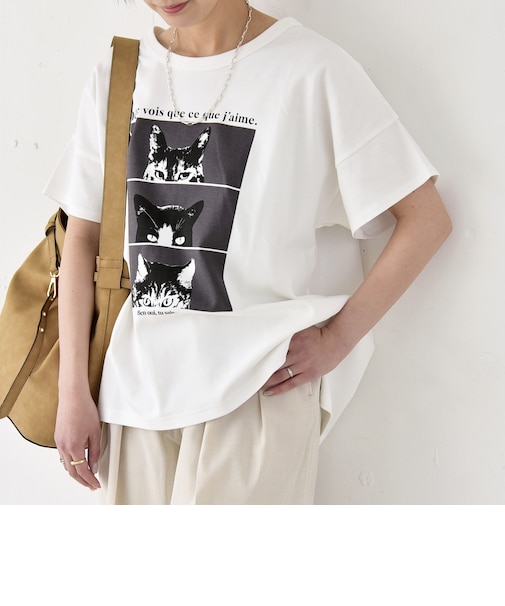 《予約》quaranciel:〈接触冷感/汗染み防止加工/洗濯機可能〉CAT プリント TEE