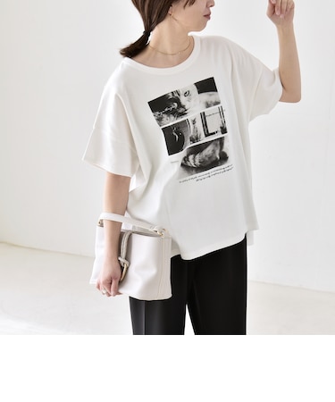 《予約》quaranciel:〈接触冷感/汗染み防止加工/洗濯機可能〉CAT プリント TEE