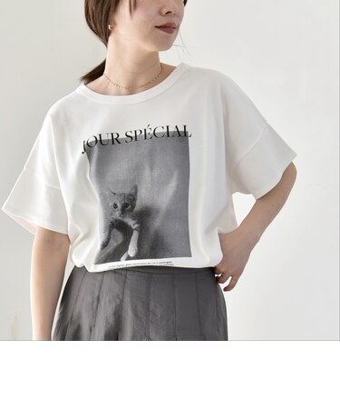 《予約》quaranciel:〈接触冷感/汗染み防止加工/洗濯機可能〉CAT プリント TEE