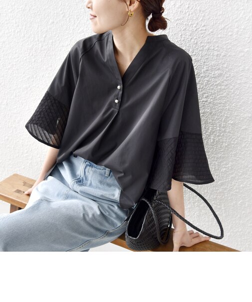 《一部追加予約》〈手洗い可能〉シアー ボーダー フレア スリーブ 半袖 ブラウス