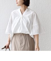 《予約》〈手洗い可能〉シアー ボーダー フレア スリーブ 半袖 ブラウス