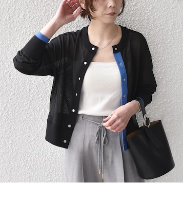 《予約》SHIPS Colors:〈手洗い可能〉シアー ドットボタン 配色 ニット カーディガン◆