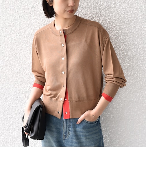 《予約》SHIPS Colors:〈手洗い可能〉シアー ドットボタン 配色 ニット カーディガン◆