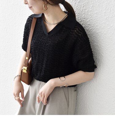 《予約》SHIPS any:〈手洗い可能〉シアー ジャカード スキッパー ポロ ニット