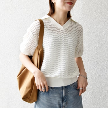 《予約》SHIPS any:〈手洗い可能〉シアー ジャカード スキッパー ポロ ニット