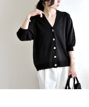 《予約》quaranciel:〈接触冷感/手洗い可能〉メタルボタン Vネック シアー ニット カーディガン