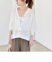 《予約》quaranciel:〈接触冷感/手洗い可能〉メタルボタン Vネック シアー ニット カーディガン