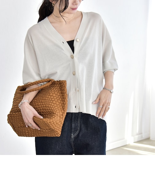 《予約》quaranciel:〈接触冷感/手洗い可能〉メタルボタン Vネック シアー ニット カーディガン