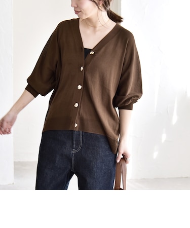 《予約》quaranciel:〈接触冷感/手洗い可能〉メタルボタン Vネック シアー ニット カーディガン