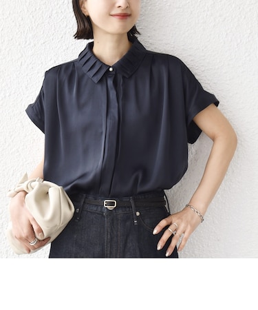 《予約》【WEB限定】〈手洗い可能〉ヴィンテージ サテン 襟 タック デザイン ブラウス