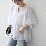 《予約》SHIPS any:〈手洗い可能〉コットン レース ヘム キーネック ギャザー ブラウス