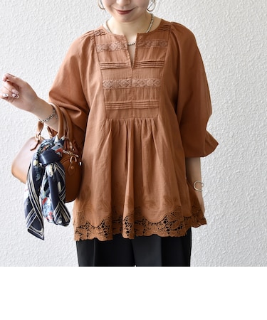 《予約》SHIPS any:〈手洗い可能〉コットン レース ヘム キーネック ギャザー ブラウス