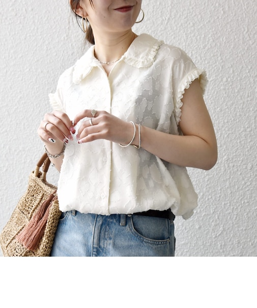 SHIPS any:〈洗濯機可能〉カット ジャカード ドロスト フレンチ スリーブ シャツ ブラウス