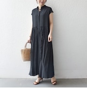 《予約》SHIPS any:〈手洗い可能〉ドット バンドカラー フレンチ プリーツ ロング ワンピース