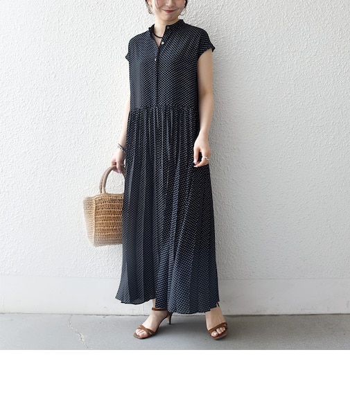 《予約》SHIPS any:〈手洗い可能〉ドット バンドカラー フレンチ プリーツ ロング ワンピース