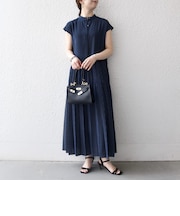 《予約》SHIPS any:〈手洗い可能〉ドット バンドカラー フレンチ プリーツ ロング ワンピース