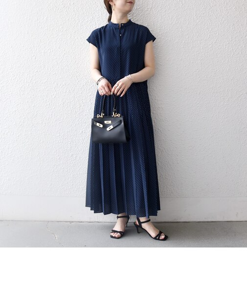 《予約》SHIPS any:〈手洗い可能〉ドット バンドカラー フレンチ プリーツ ロング ワンピース