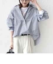 〈手洗い可能〉無地 / ストライプ サイド スリット スキッパー コットン シャツ 2