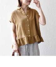 《予約》SHIPS any:〈洗濯機可能〉カラミ フレンチ スリーブ ペプラム シャツ ブラウス