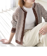 《予約》quaranciel: ボーダー クルーネック メタルボタン ニット カーディガン