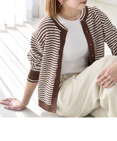 《予約》quaranciel: ボーダー クルーネック メタルボタン ニット カーディガン